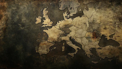 Weathered antique map of Europe on distressed canvas surface.