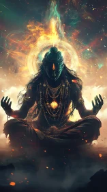 Ember crowned yogi radiating astral calm and cosmic fire.