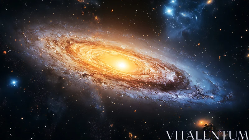 Starlit spiral galaxy swirling around a blazing cosmic heart.