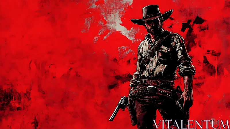 Lone cowboy stands bold against a storm of vivid red.