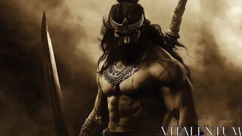 Sepia-toned mythic warrior renders dramatic chiaroscuro study