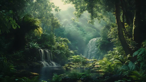 Misty Rainforest with Cascading Waterfall
