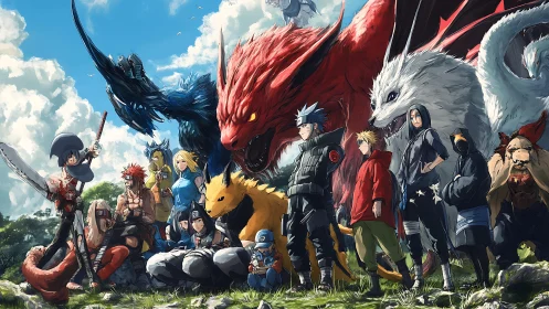 Elemental shinobi lineup with colossal multi-tailed beasts under sky