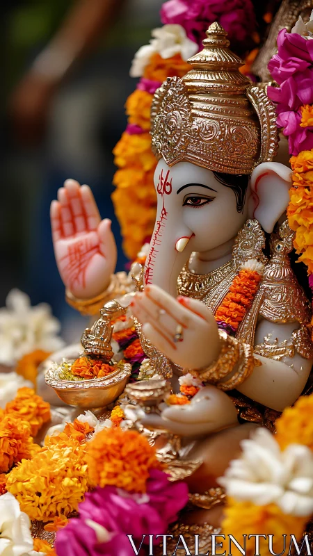 Radiant Ganesha idol wrapped in marigolds and quiet grace.