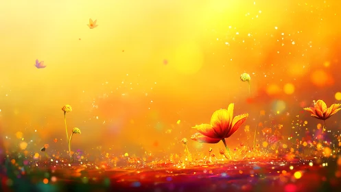 Luminous abstract meadow with glowing orange floral silhouettes.