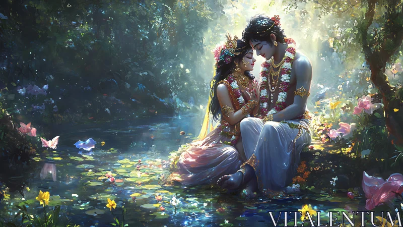 Two souls radiant in love by an enchanted forest pond