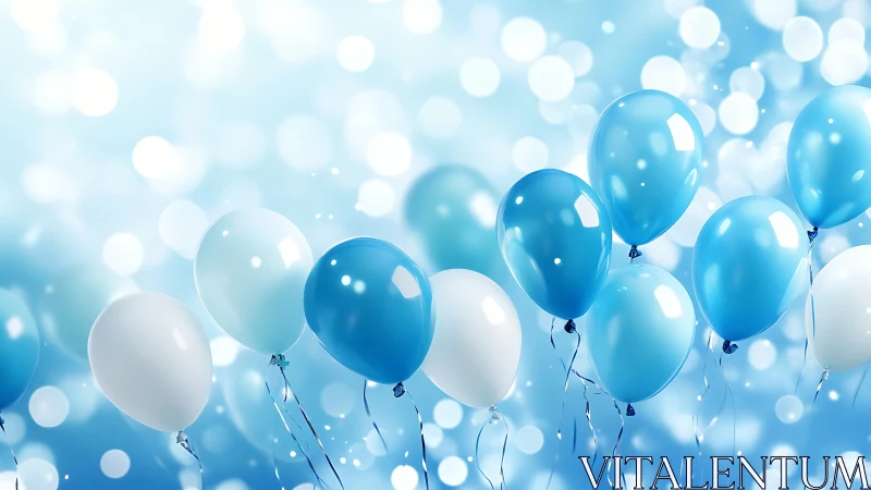 Blue and white balloons suspended against bokeh light background