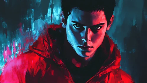 Bicolor neon portrait isolates a hooded figure in harsh chiaroscuro