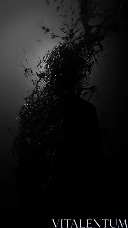 Shrouded silhouette dissolves into swirling black tendrils.