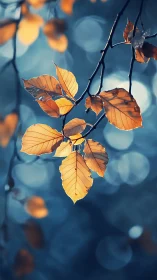 Autumn beech leaves glow against cool blue bokeh depth.