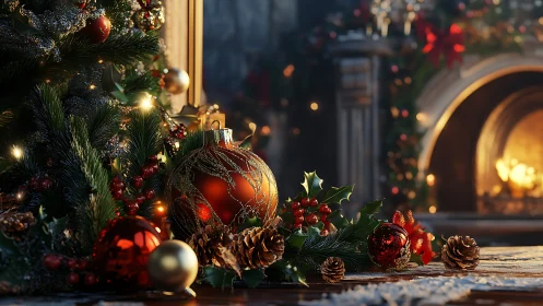 Holiday baubles and pine décor before glowing stone fireplace.