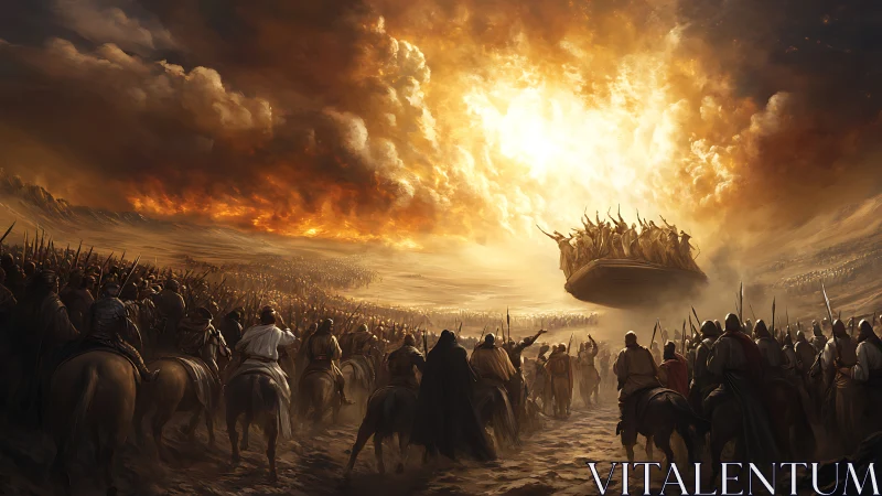 Sunlit war chariot descends over converging desert armies.