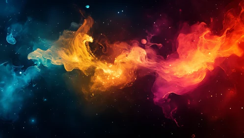 Cosmic nebula ribbon with vivid blue, orange, red glow.