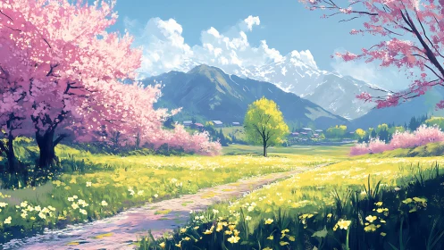 Spring meadow path leading toward peaceful mountain village.