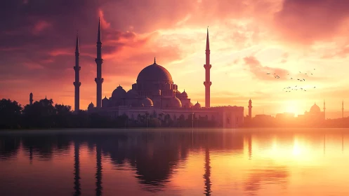 Sunset-lit mosque silhouette with mirrored reflections on calm water
