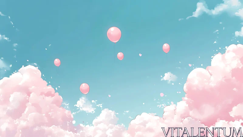 Aerostatic pink balloons traversing cumuliform cotton clouds.
