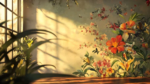 Sunlit Interior with Flowering Garden Wall Mural.