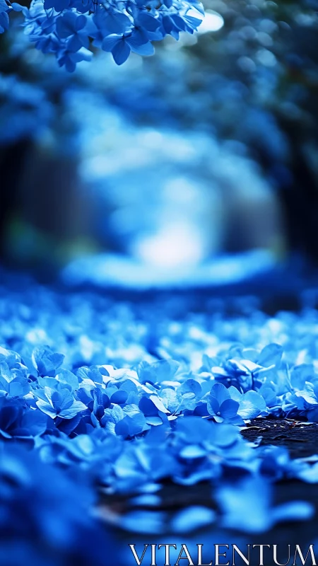 Blue hydrangea petals scattered with shallow depth of field bokeh