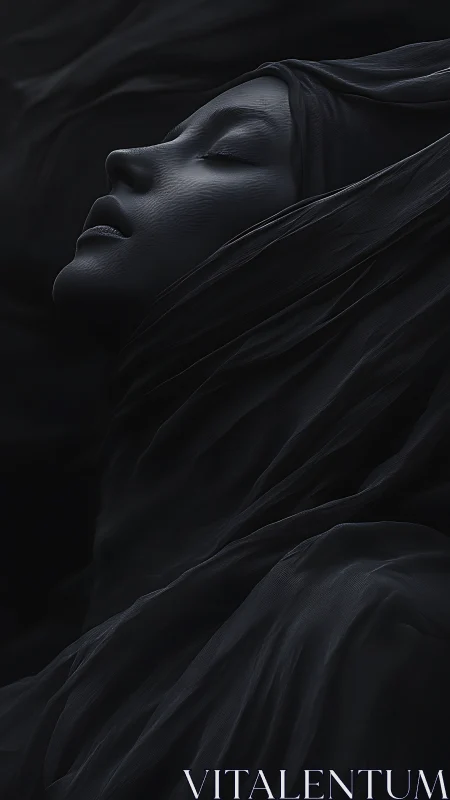 Shrouded female profile drifts through dark flowing fabric