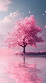 Solitary pink blossom tree rendered over calm reflective water