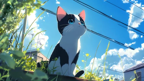 Cartoon kitten sits in bright grass under clear blue sky