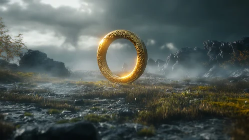 Golden mystical ring hovering over misty rocky plain.