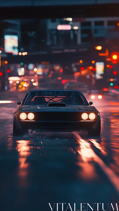 Muscle car charges through wet neon city street at night