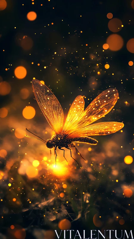 Luminous firefly drifts through glowing golden bokeh night.