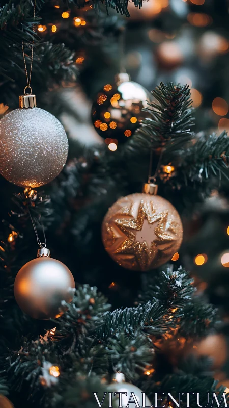 Glass ornaments hang on an illuminated artificial fir tree