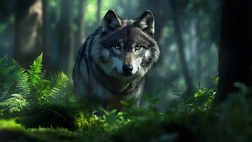 Wolf stands alert in dense green forest under soft light
