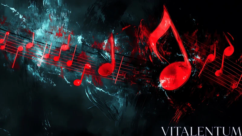 Crimson music notes streaking across dark abstract space.