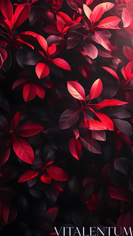 Crimson foliage cascade under moody low key lighting.