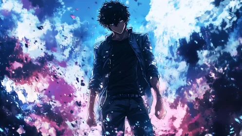 Energetic anime figure in chromatic particle explosion field.