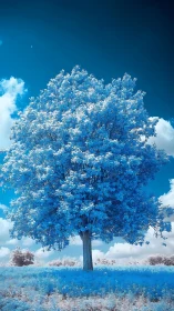Infrared blue tree dominating surreal pastoral landscape.