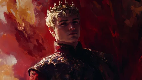 Regal young king gazes outward in rich crimson light