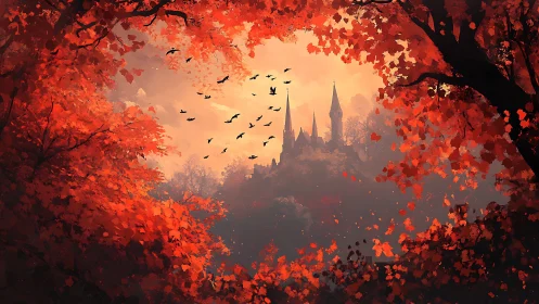 Autumn forest vignette framing distant spired castle at dusk