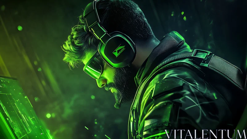 Cyber gamer profile in neon green tactical headset portrait.