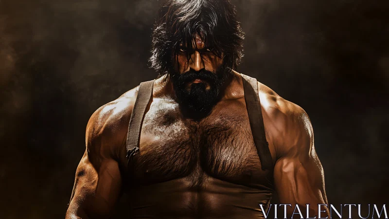 Muscular male figure with harness in low key lighting.