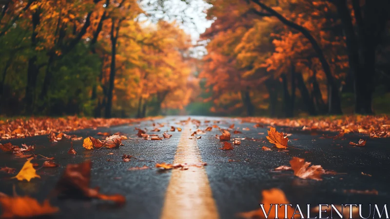 Autumn road with fallen leaves in vivid forest perspective.