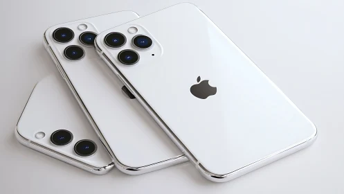 Three white iPhone models displayed at angles showing camera systems