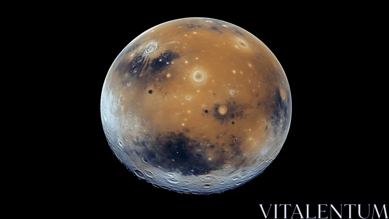Friendly close up of a cratered, color-rich Mars globe.