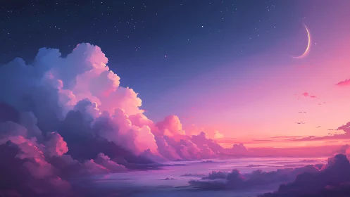 Luminous crescent moon over radiant pastel cloud sea at dusk.