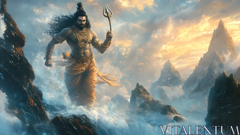 Mythic warrior strides through storm waves and jagged peaks