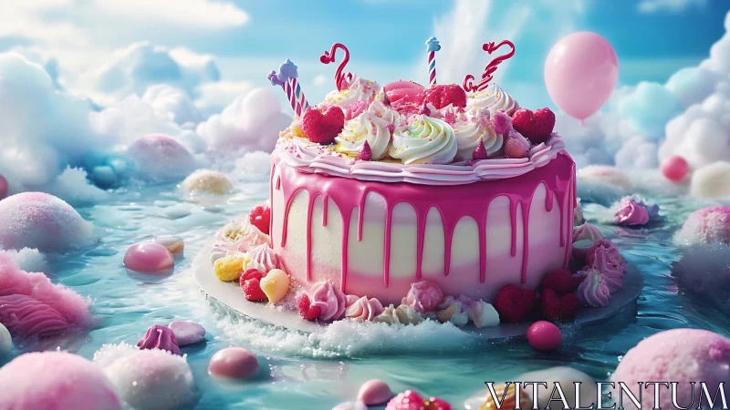 Fantastical Pink Birthday Cake in Dreamy Cloud Landscape Scene