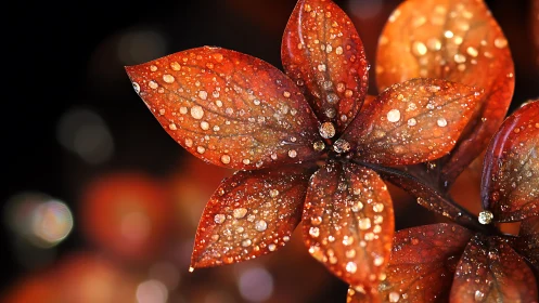 Glistening copper leaves with sparkling raindrops at dusk.