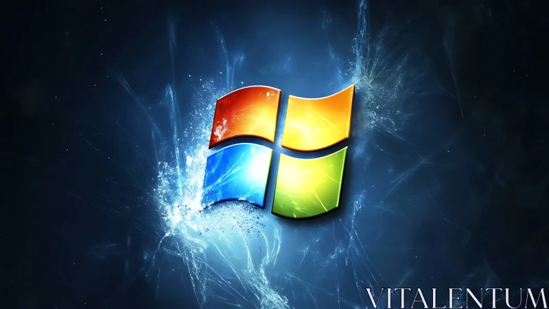 Colorful window logo over dark blue digital energy burst.