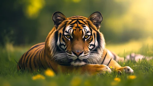 Low-angle frontal tiger portrait with shallow depth and warm bokeh