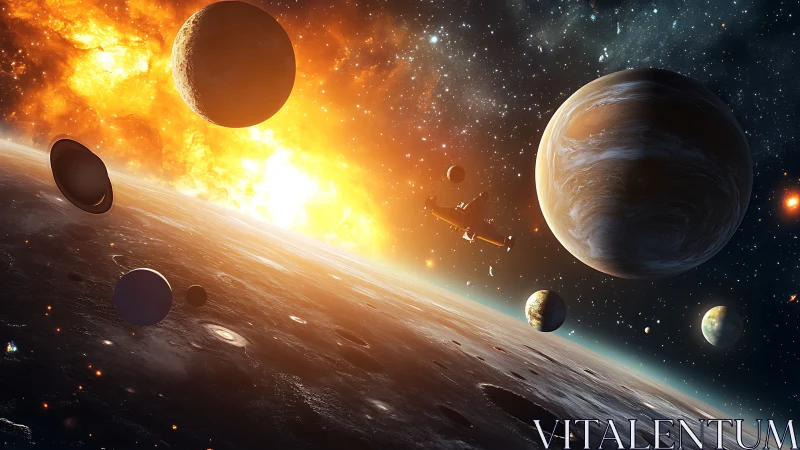 Epic spacecraft explores fiery multi-planet star system in space