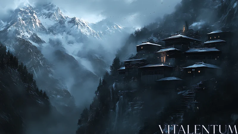 Mountain village clings to misty cliffs under snowy peaks