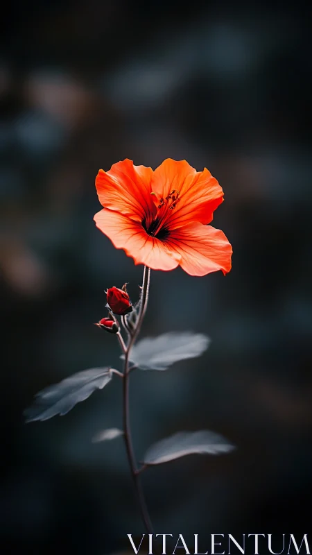 Vivid Coral Geranium with Unopened Buds Against Bokeh Background.